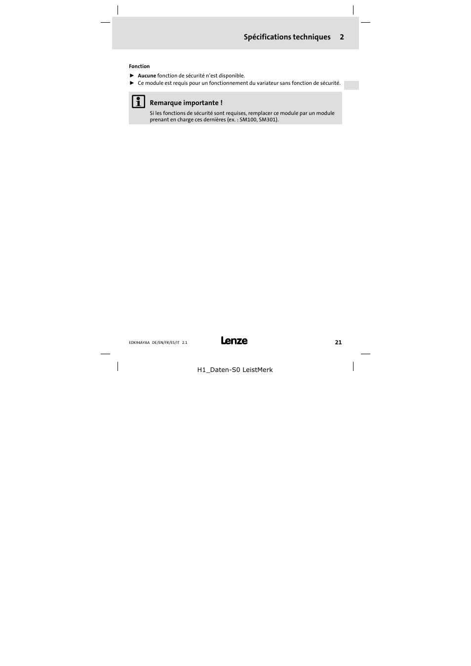 2 spécifications techniques | Lenze E94AYAA − SM0 User Manual | Page 21 / 34