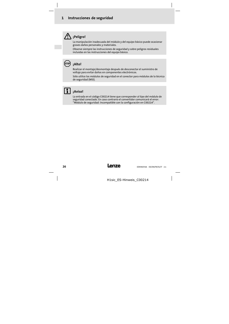 1 instrucciones de seguridad | Lenze E94AYAA − SM0 User Manual | Page 26 / 34