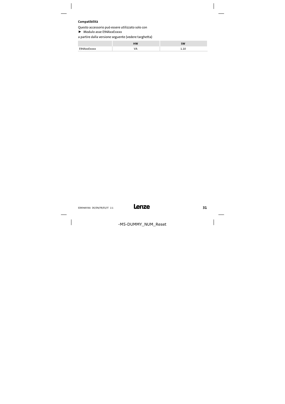 Compatibilità | Lenze E94AYAA − SM0 User Manual | Page 31 / 34