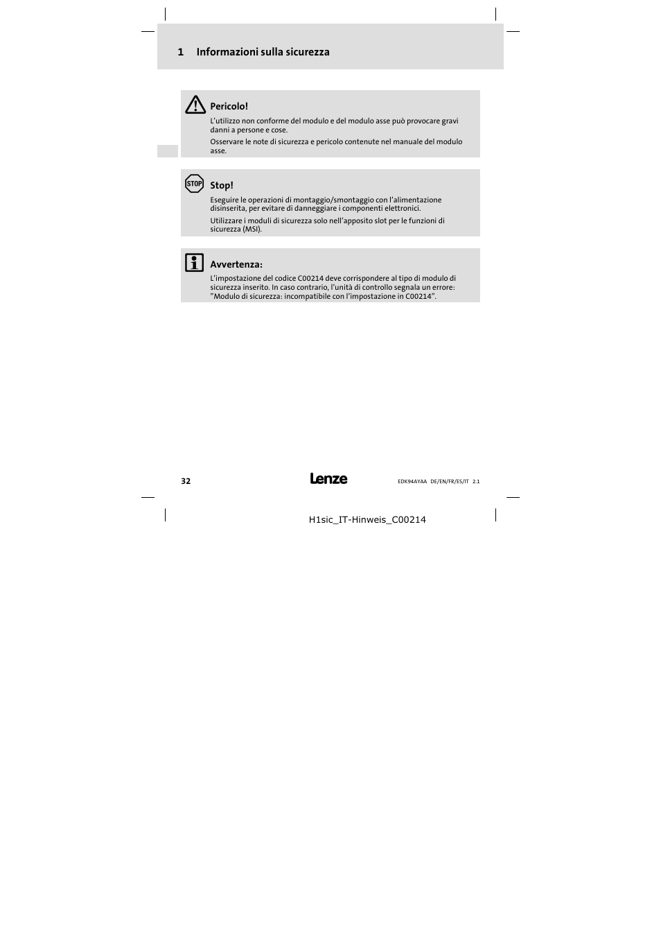 1 informazioni sulla sicurezza | Lenze E94AYAA − SM0 User Manual | Page 32 / 34