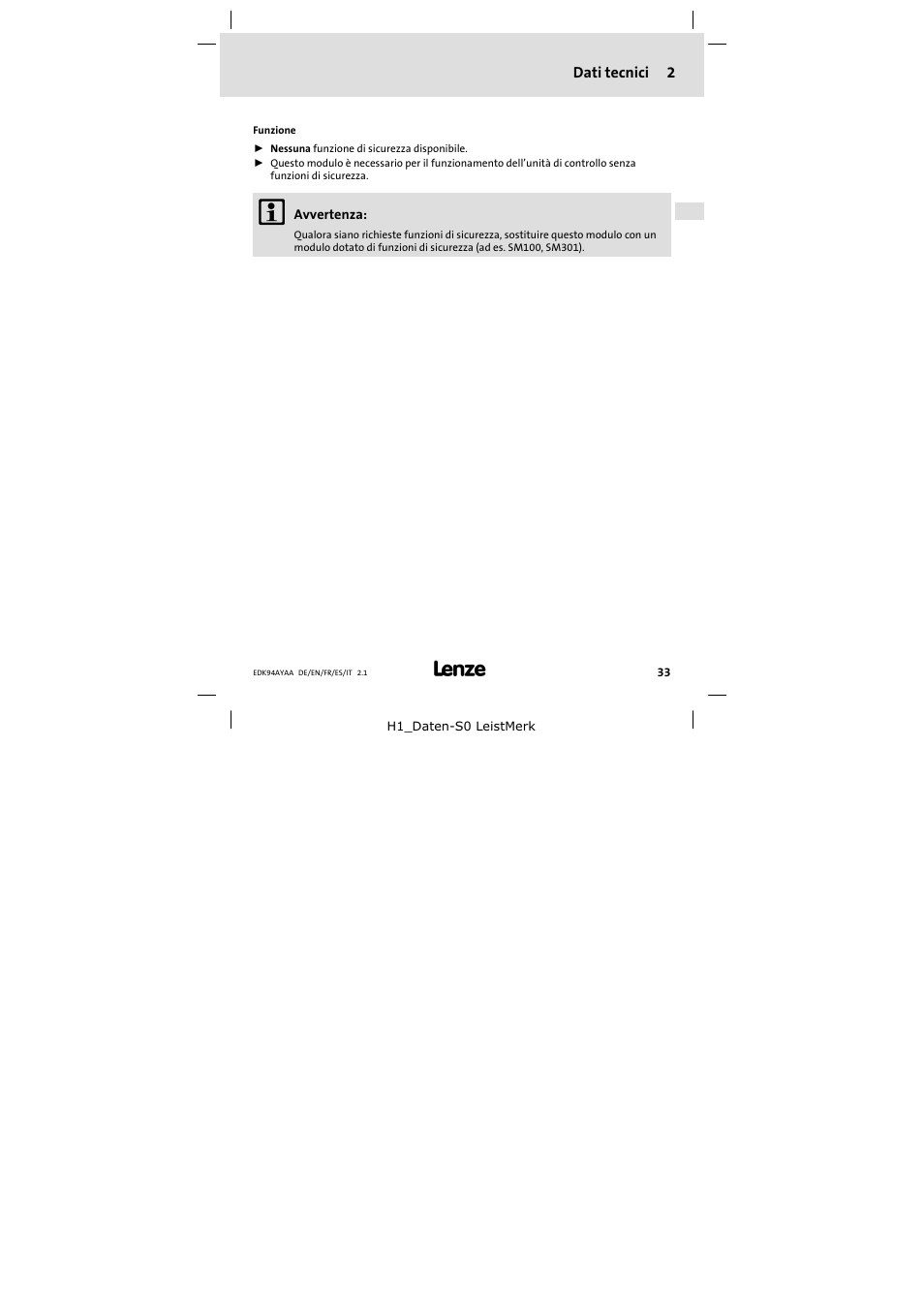 2 dati tecnici | Lenze E94AYAA − SM0 User Manual | Page 33 / 34
