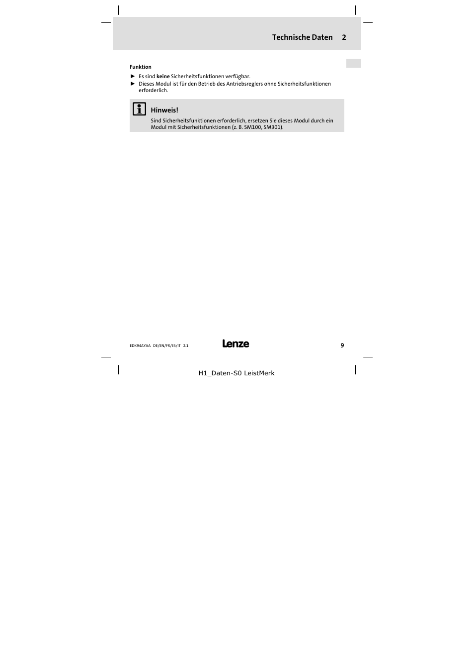 2 technische daten | Lenze E94AYAA − SM0 User Manual | Page 9 / 34