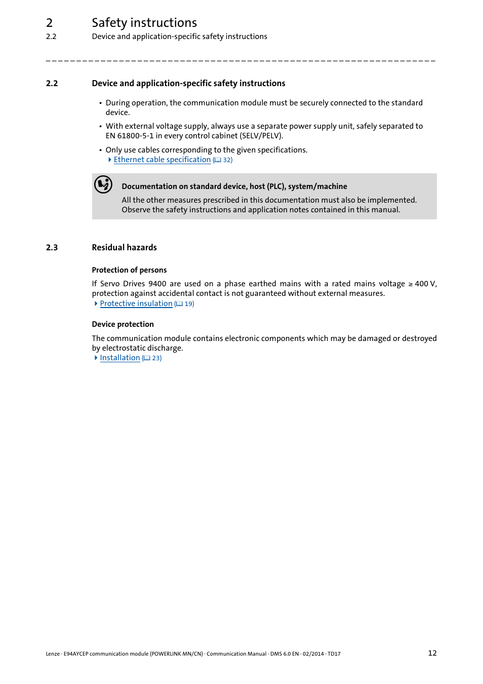 3 residual hazards, Residual hazards, 2safety instructions | Lenze E94AYCEP User Manual | Page 11 / 148