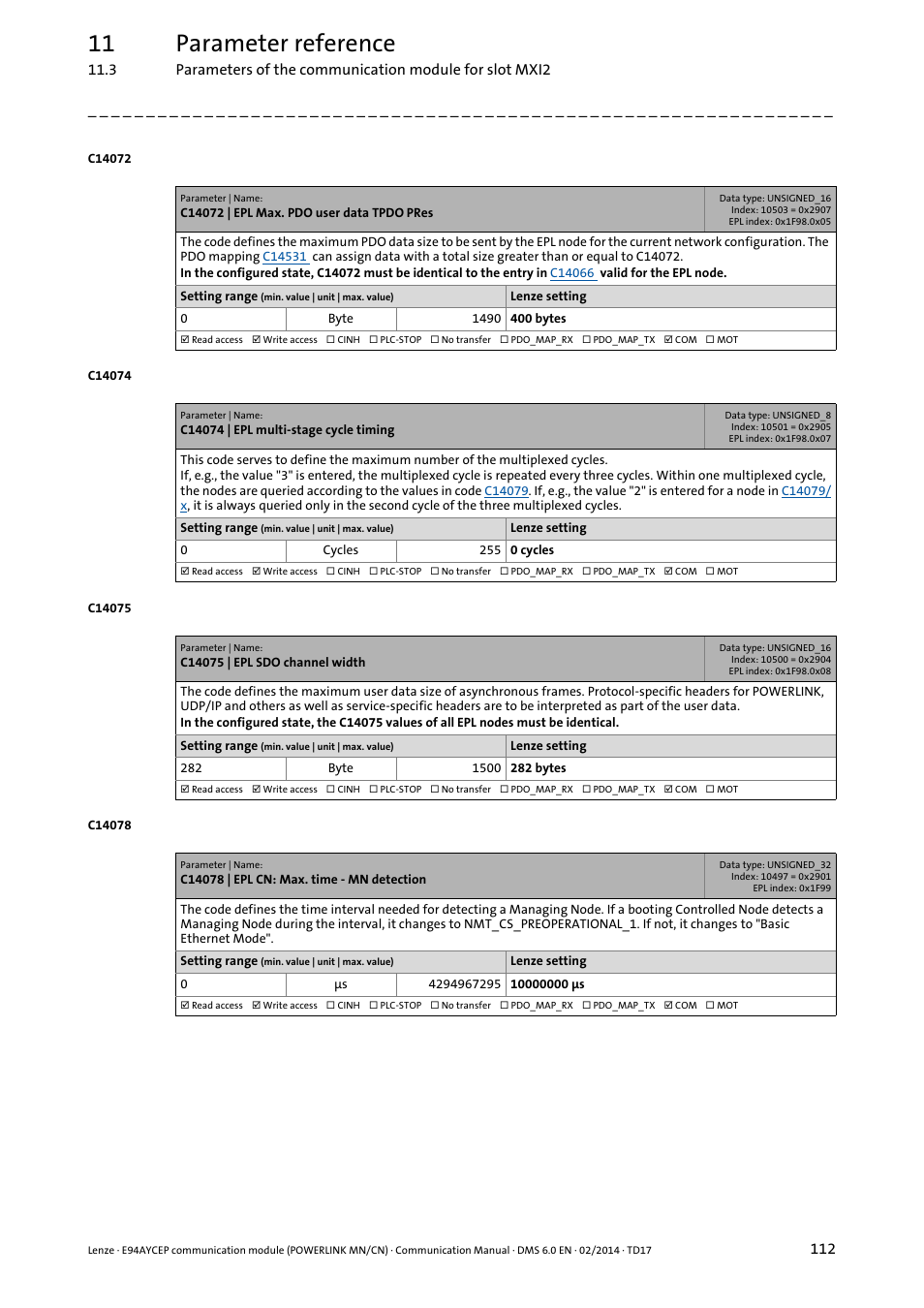 C14072 | epl max. pdo user data tpdo pres, C14074 | epl multi-stage cycle timing, C14075 | epl sdo channel width | C14078 | epl cn: max. time - mn detection, C14075, C14078, C14072, 11 parameter reference | Lenze E94AYCEP User Manual | Page 111 / 148