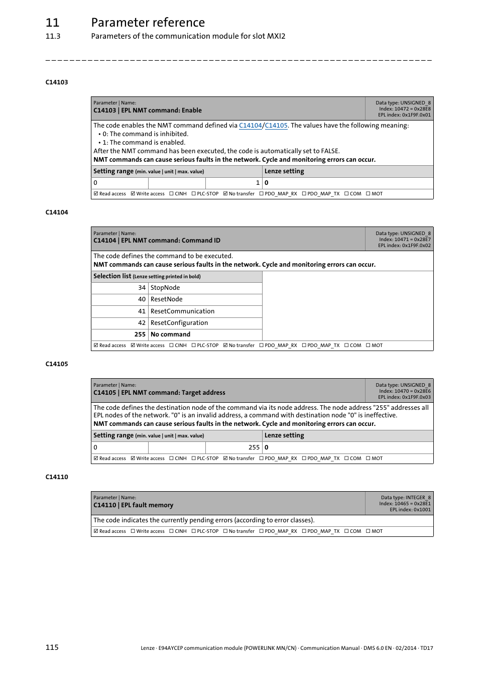 C14103 | epl nmt command: enable, C14104 | epl nmt command: command id, C14105 | epl nmt command: target address | C14110 | epl fault memory, 11 parameter reference | Lenze E94AYCEP User Manual | Page 114 / 148