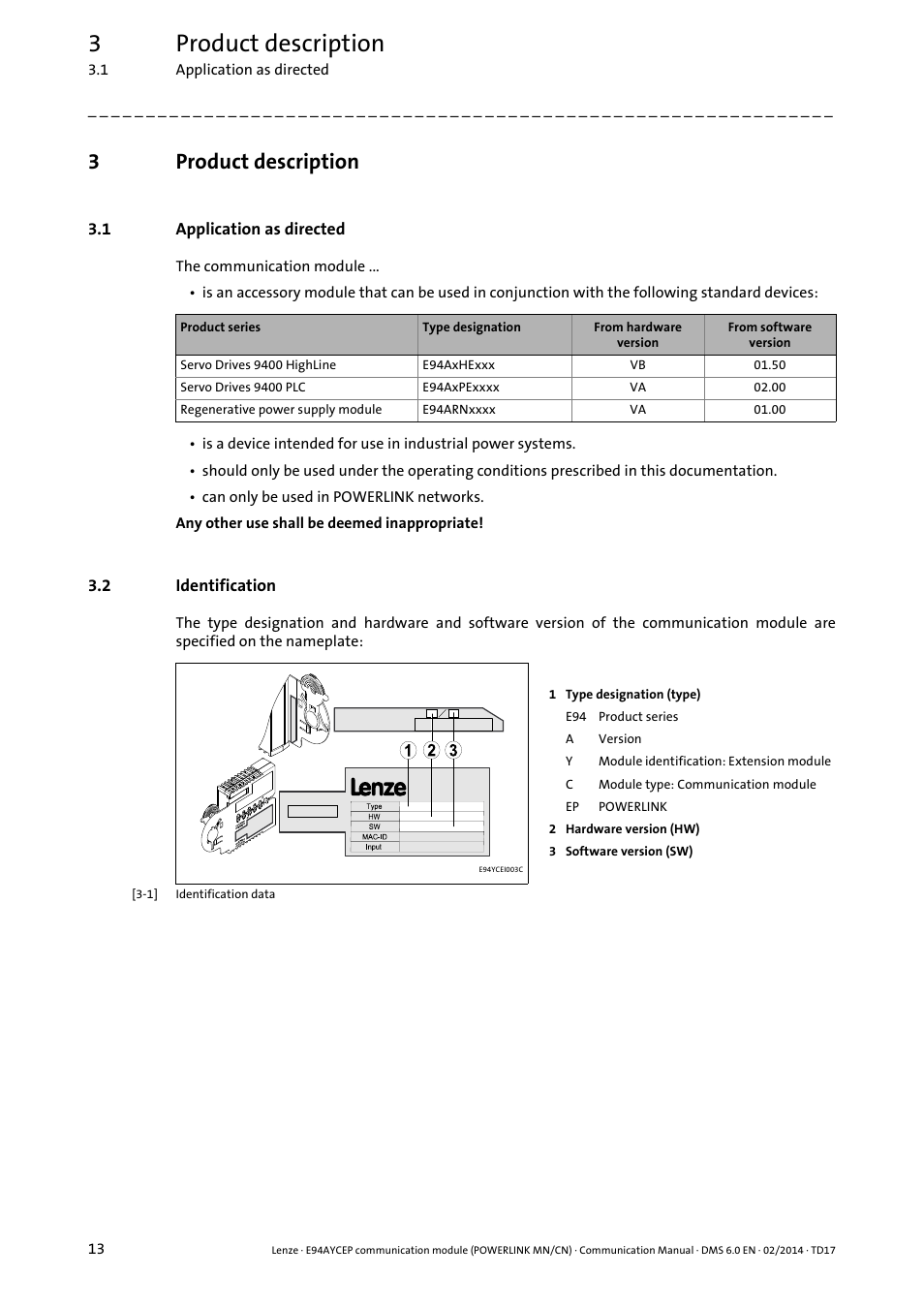 3 product description, 1 application as directed, 2 identification | Product description, Application as directed, Identification, 3product description | Lenze E94AYCEP User Manual | Page 12 / 148