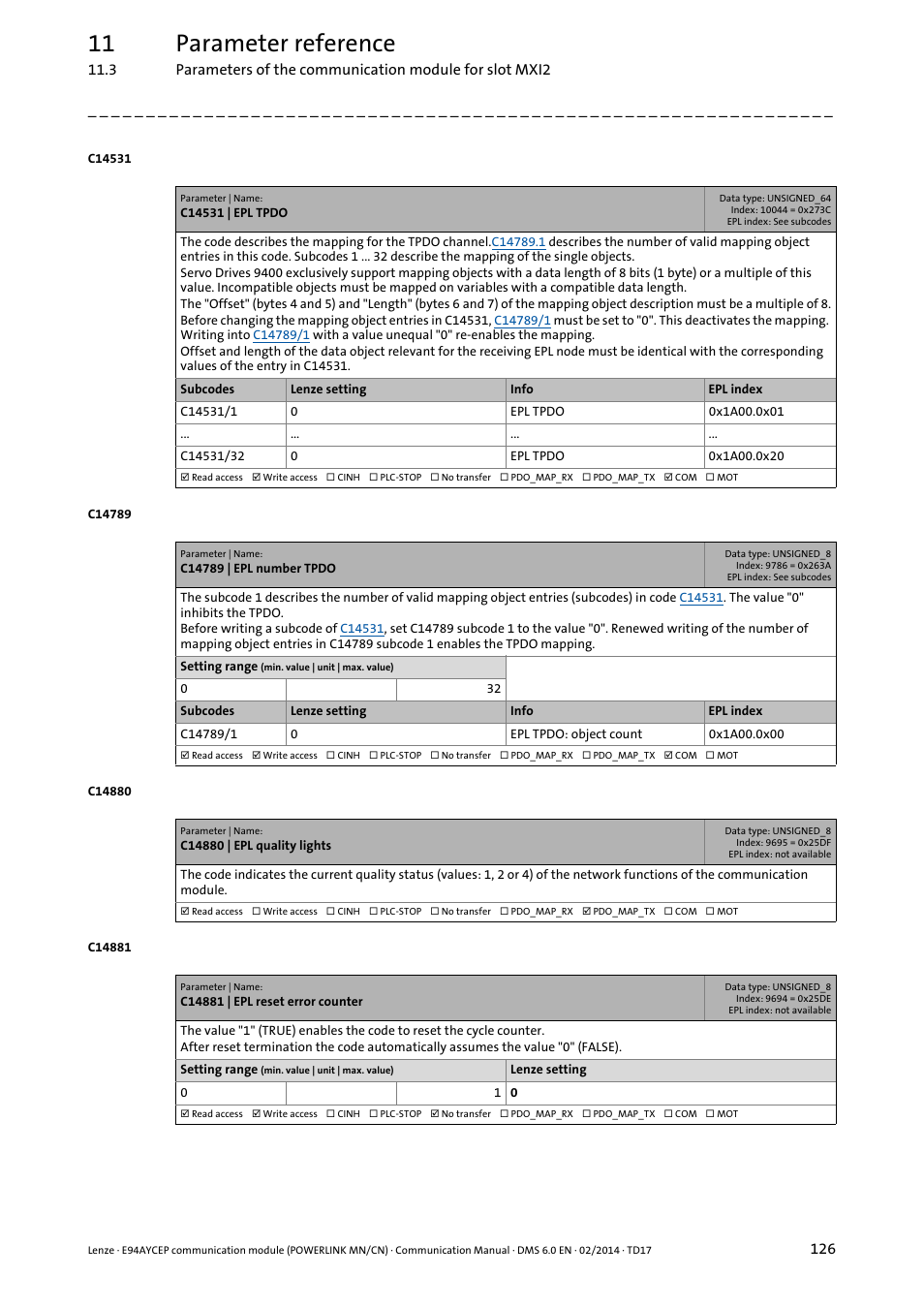 C14531 | epl tpdo, C14789 | epl number tpdo, C14880 | epl quality lights | C14881 | epl reset error counter, C14531, Pdo mapping, 11 parameter reference | Lenze E94AYCEP User Manual | Page 125 / 148