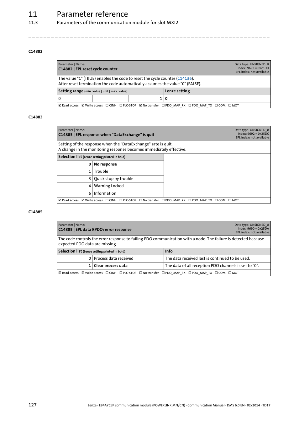 C14882 | epl reset cycle counter, C14883 | epl response when "dataexchange" is quit, C14885 | epl data rpdo: error response | C14885, C14883, 11 parameter reference | Lenze E94AYCEP User Manual | Page 126 / 148
