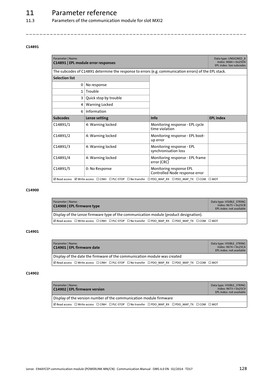 C14891 | epl module error responses, C14900 | epl firmware type, C14901 | epl firmware date | C14902 | epl firmware version, C14891/4, C14891/2, C14891/1, C14891/5, C14891/3, 11 parameter reference | Lenze E94AYCEP User Manual | Page 127 / 148