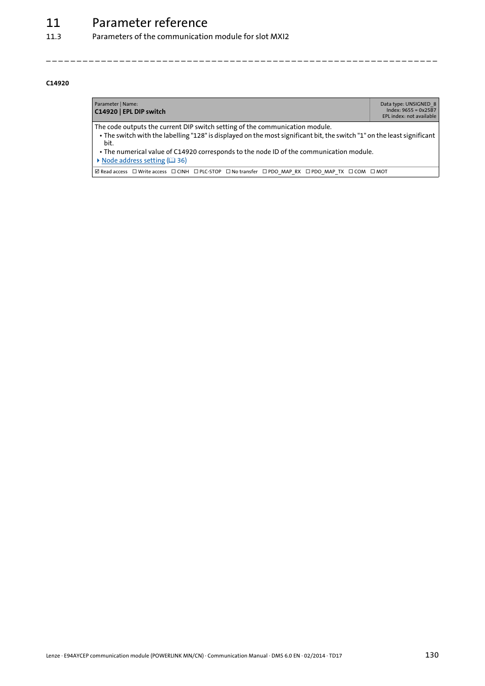 C14920 | epl dip switch, 11 parameter reference | Lenze E94AYCEP User Manual | Page 129 / 148