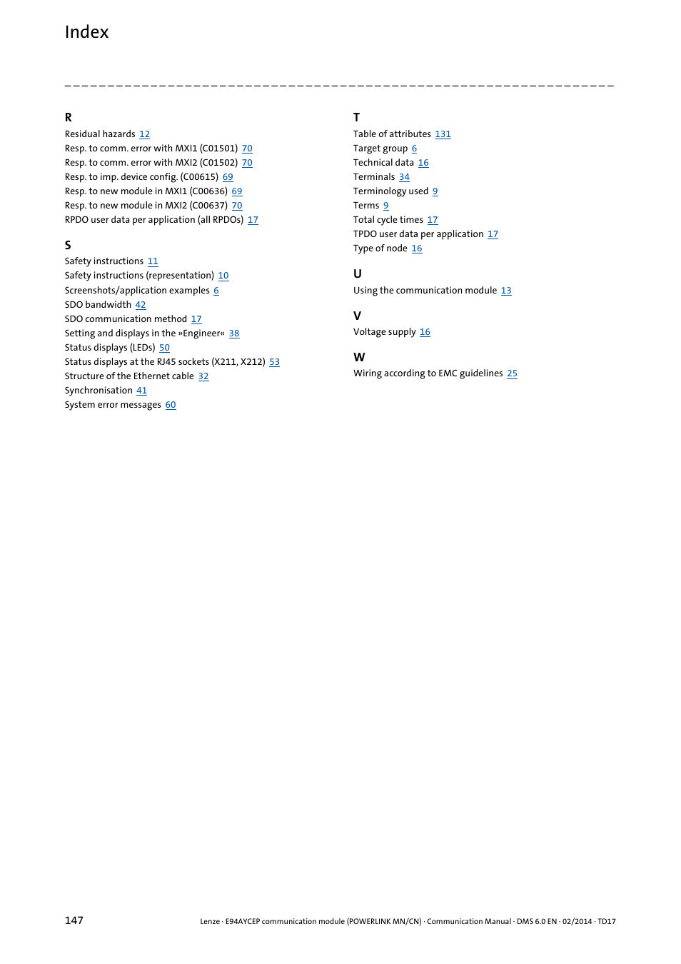 Index | Lenze E94AYCEP User Manual | Page 146 / 148