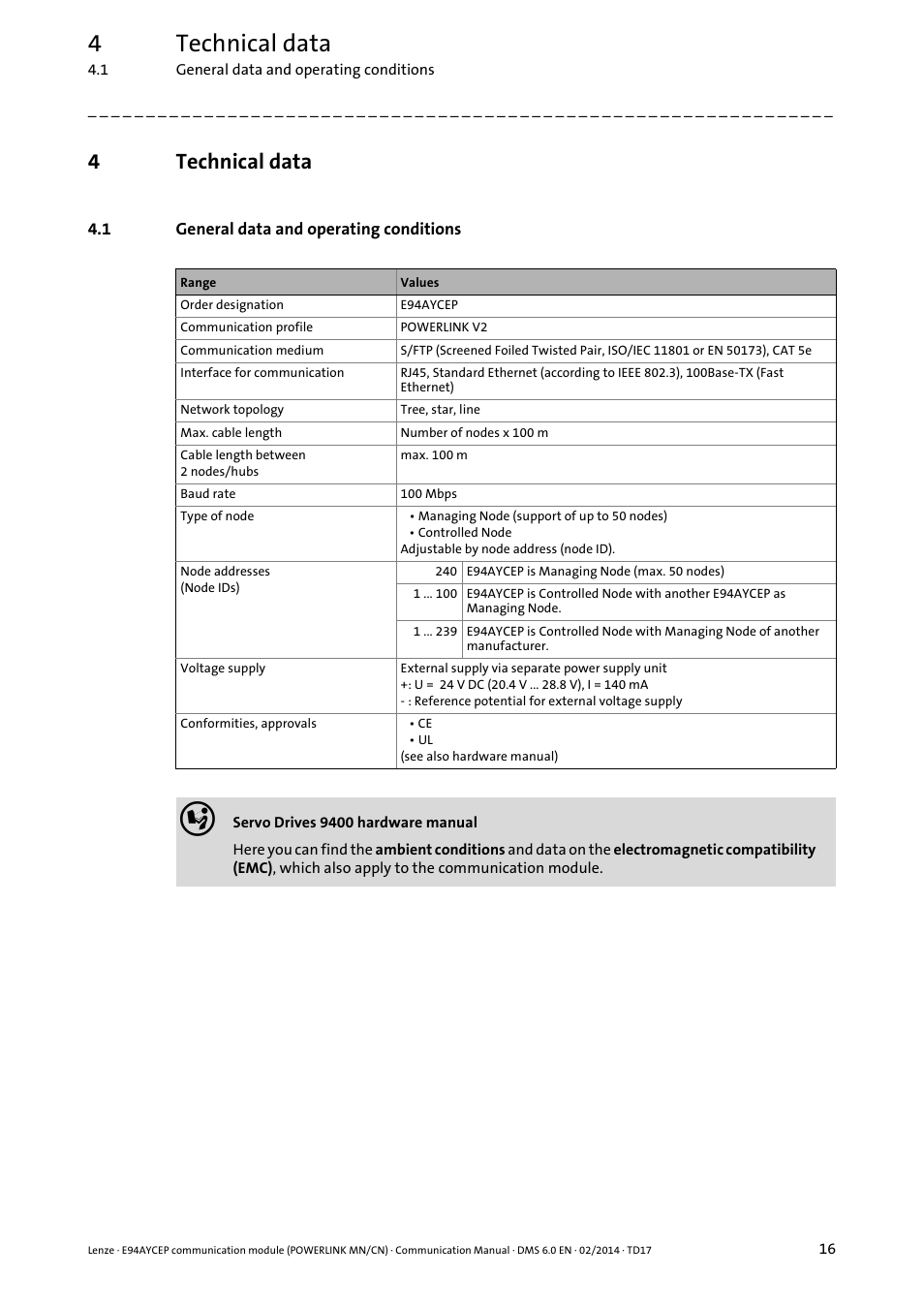 4 technical data, 1 general data and operating conditions, Technical data | General data and operating conditions, 4technical data | Lenze E94AYCEP User Manual | Page 15 / 148