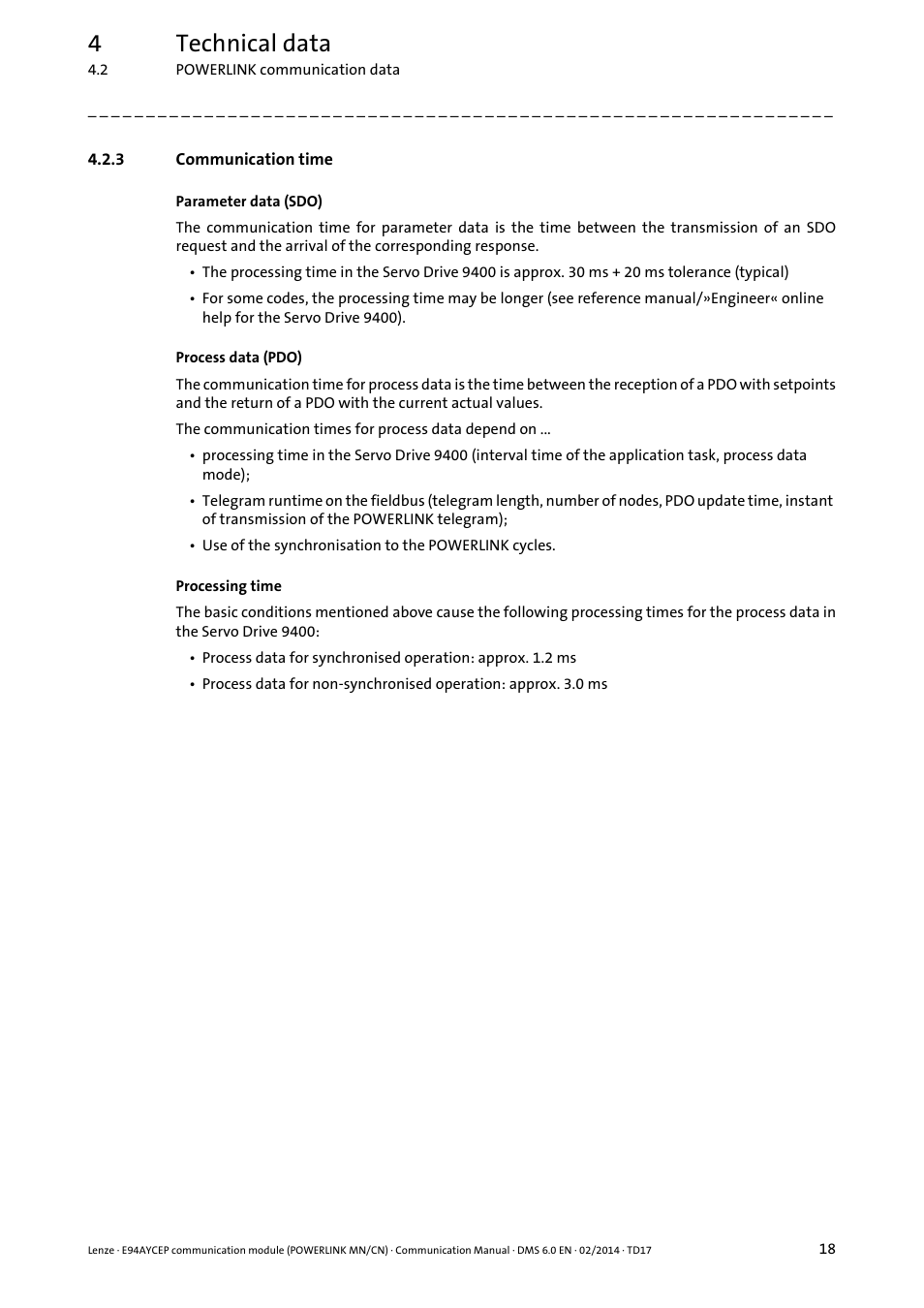 3 communication time, Communication time, 4technical data | Lenze E94AYCEP User Manual | Page 17 / 148