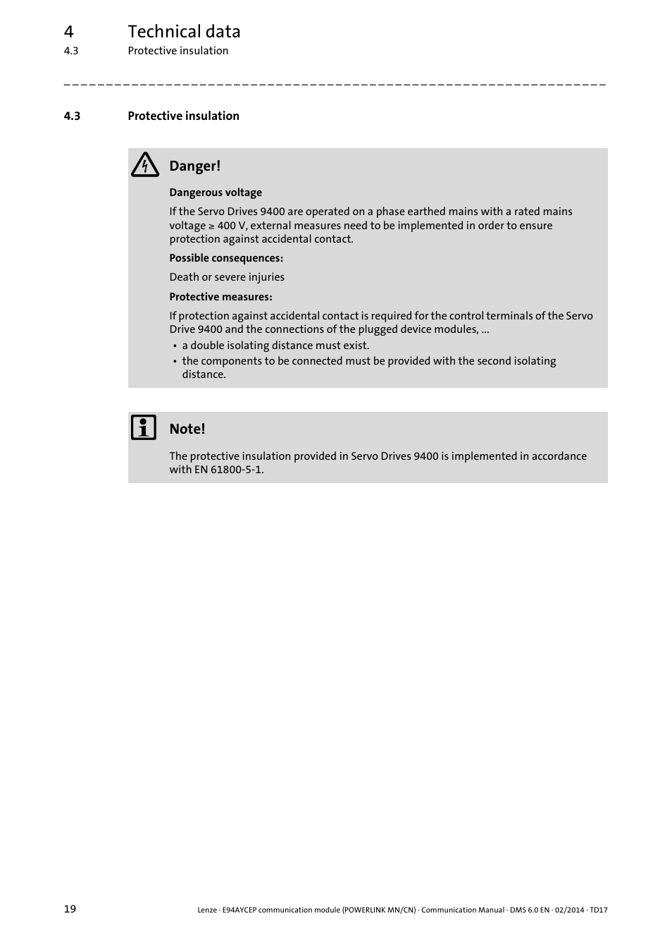 3 protective insulation, Protective insulation, 4technical data | Lenze E94AYCEP User Manual | Page 18 / 148
