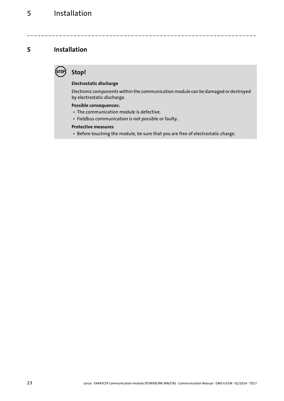 5 installation, Installation, 5installation | Lenze E94AYCEP User Manual | Page 22 / 148