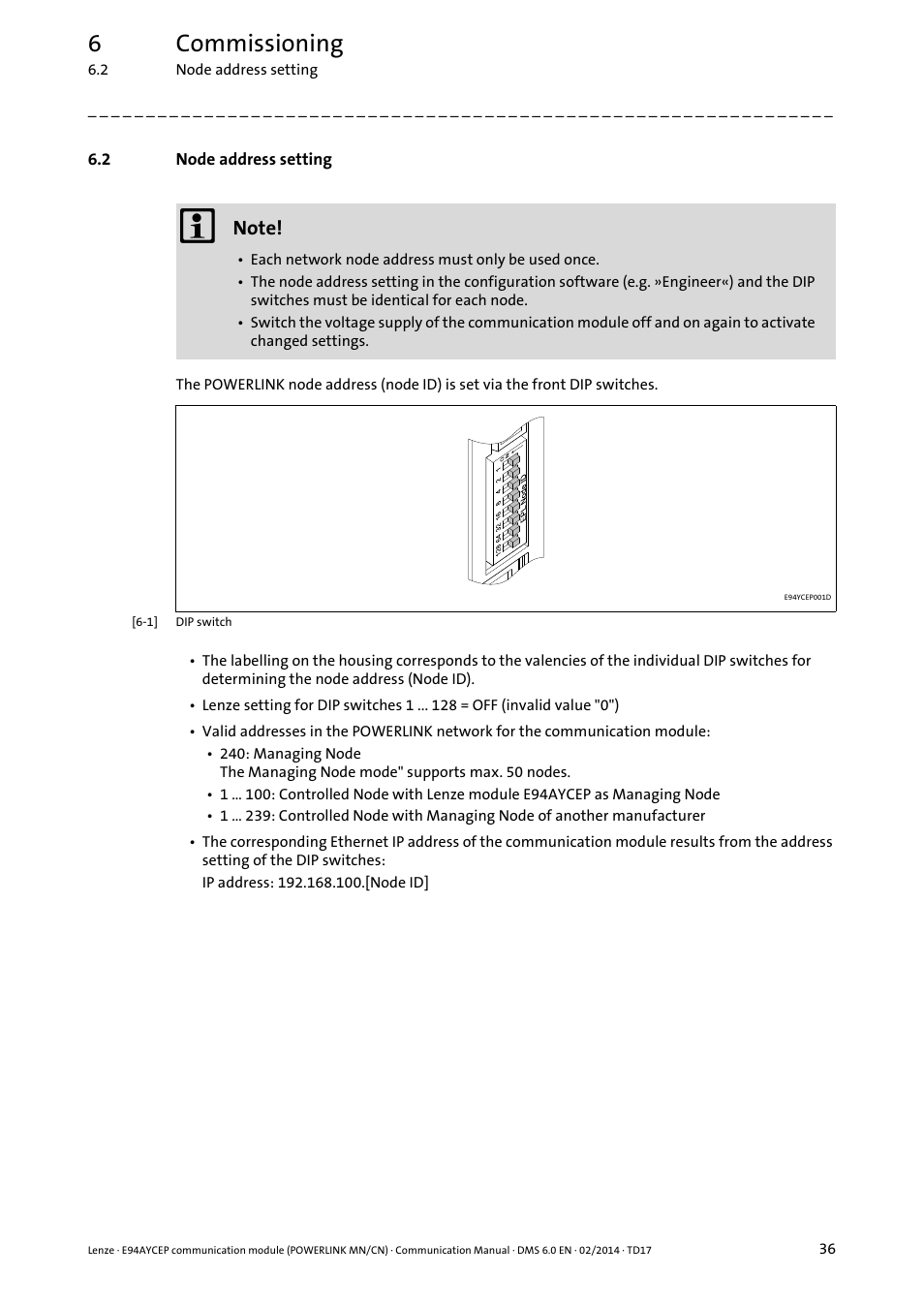 2 node address setting, Node address setting, Node address setting ( 36) | 6commissioning | Lenze E94AYCEP User Manual | Page 35 / 148