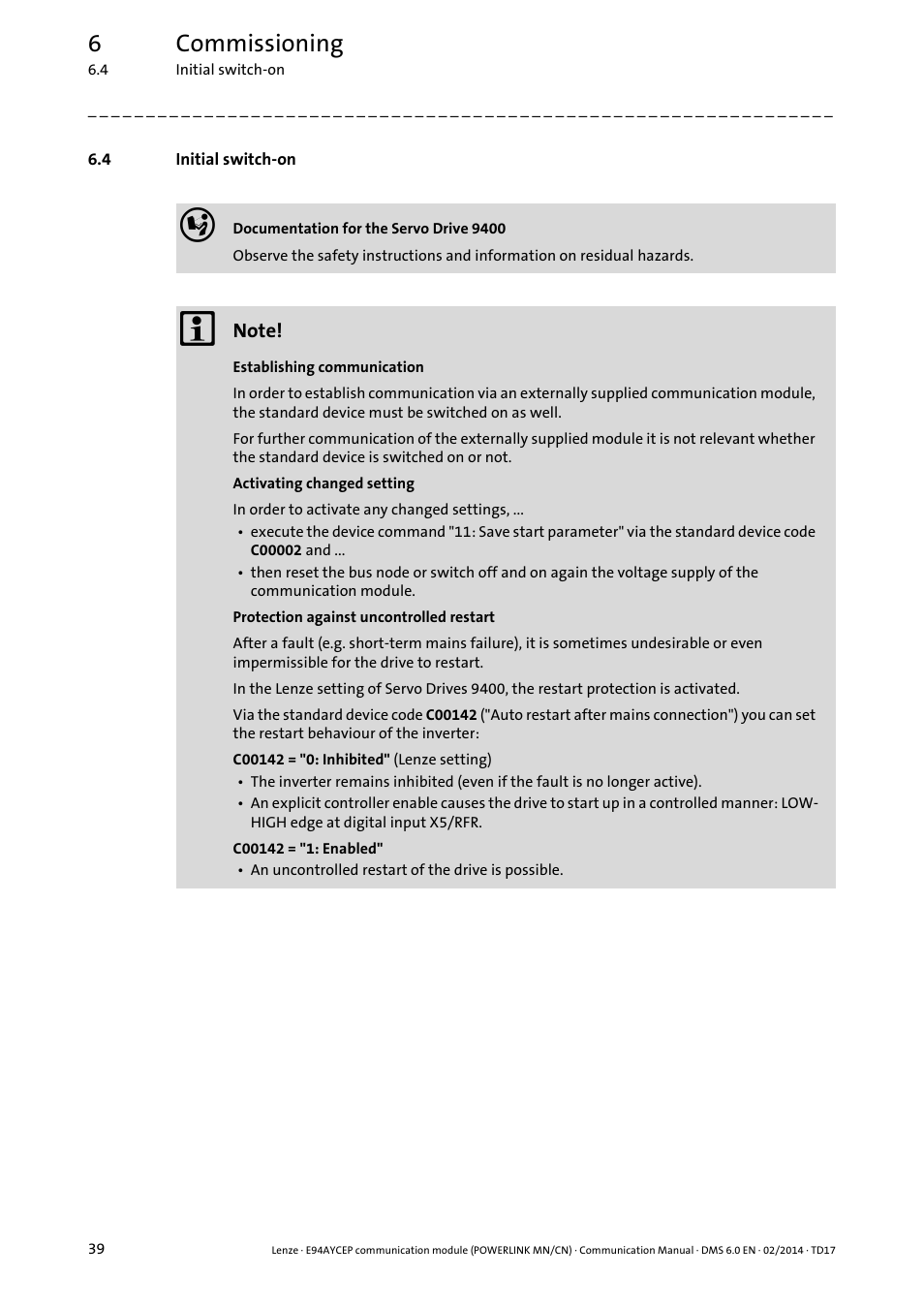 4 initial switch-on, Initial switch-on, 6commissioning | Lenze E94AYCEP User Manual | Page 38 / 148