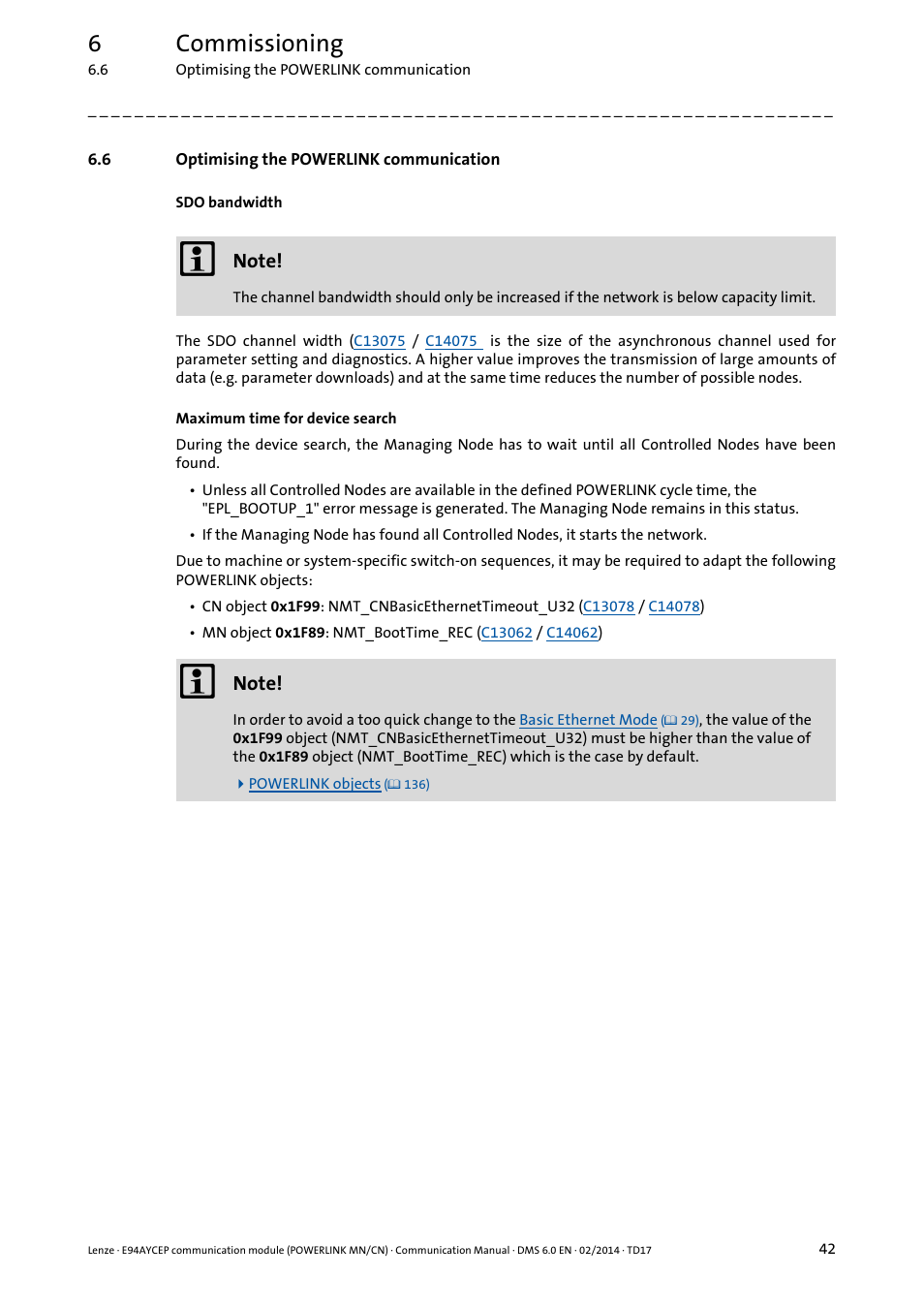 6 optimising the powerlink communication, Optimising the powerlink communication, 6commissioning | Lenze E94AYCEP User Manual | Page 41 / 148