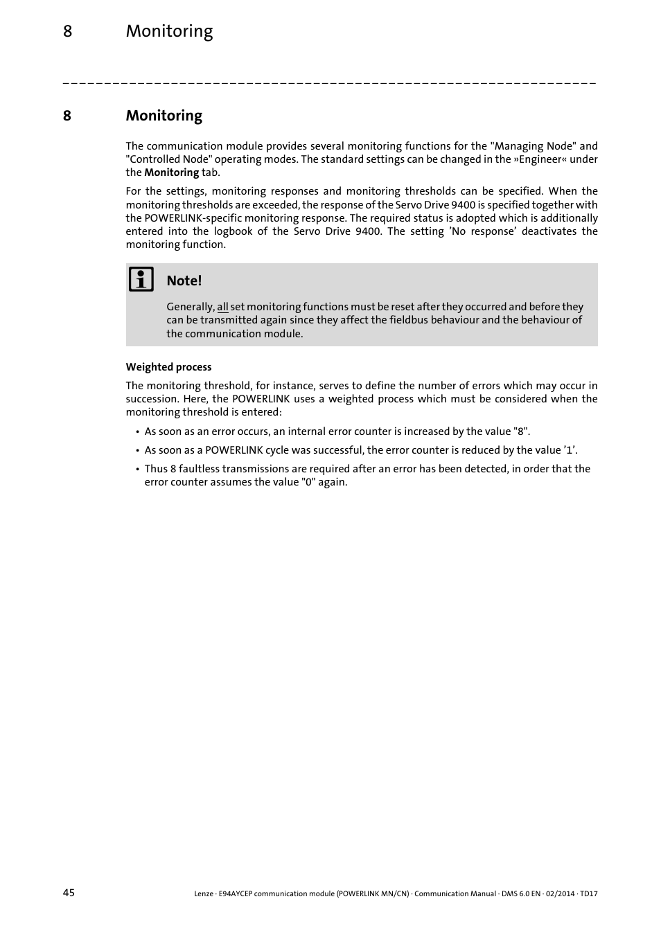 8 monitoring, Monitoring, 8monitoring | Lenze E94AYCEP User Manual | Page 44 / 148