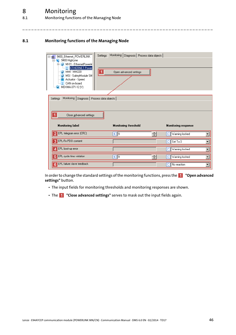 1 monitoring functions of the managing node, Monitoring functions of the managing node, 8monitoring | Lenze E94AYCEP User Manual | Page 45 / 148