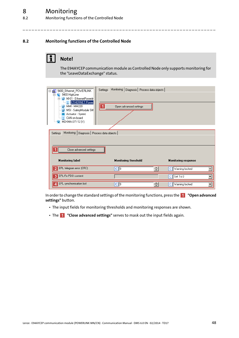 2 monitoring functions of the controlled node, Monitoring functions of the controlled node, 8monitoring | Lenze E94AYCEP User Manual | Page 47 / 148