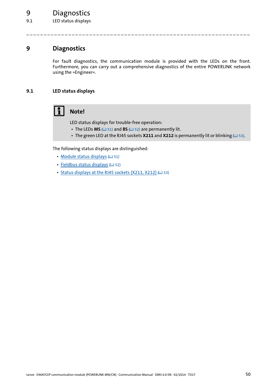 9 diagnostics, 1 led status displays, Diagnostics | Led status displays, 9diagnostics | Lenze E94AYCEP User Manual | Page 49 / 148