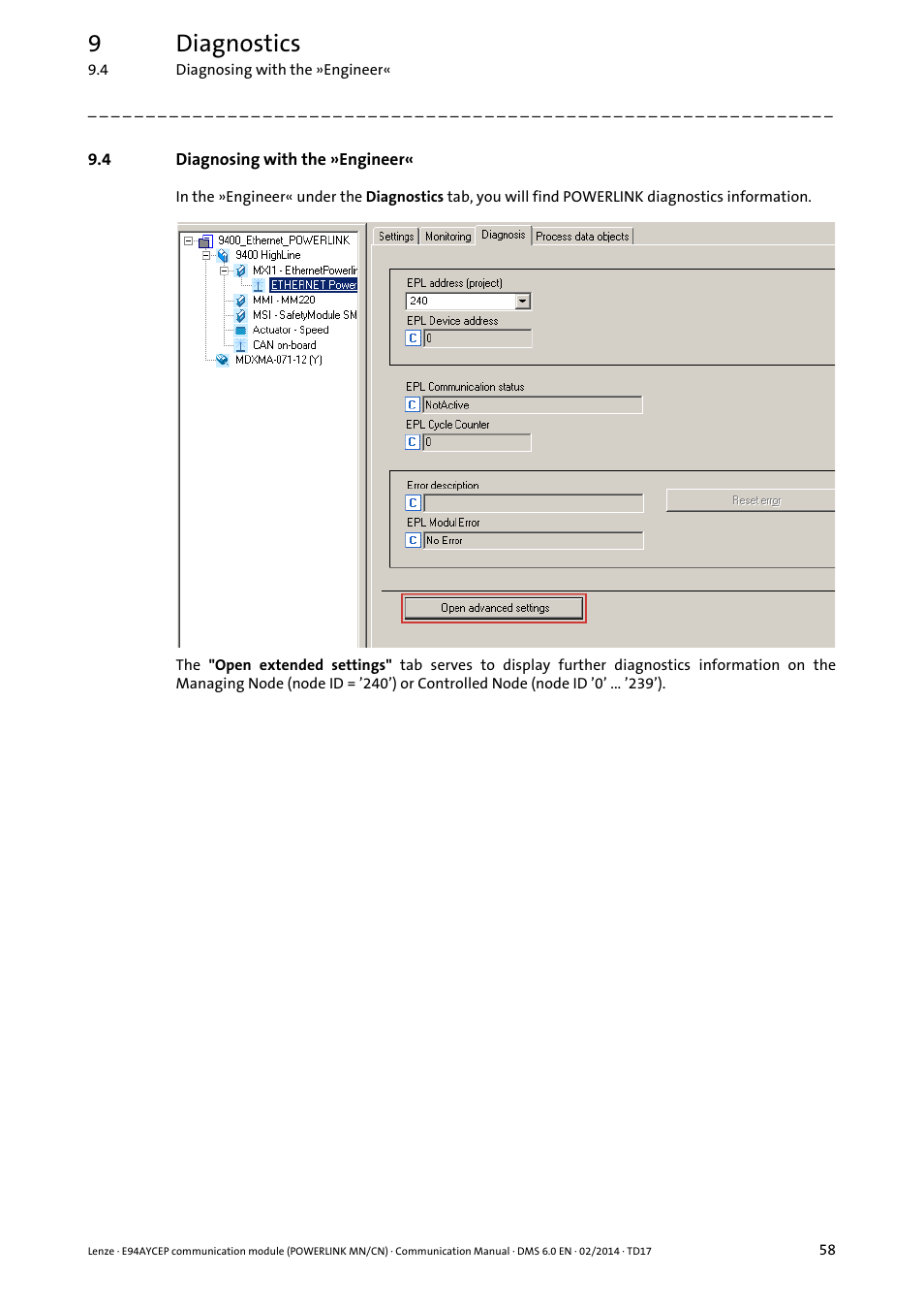 4 diagnosing with the »engineer, Diagnosing with the »engineer, 9diagnostics | Lenze E94AYCEP User Manual | Page 57 / 148