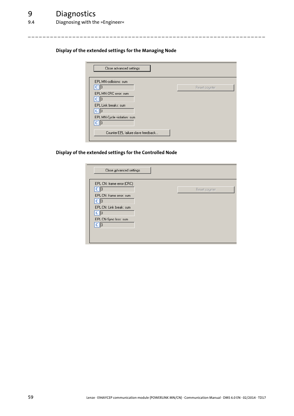 9diagnostics | Lenze E94AYCEP User Manual | Page 58 / 148