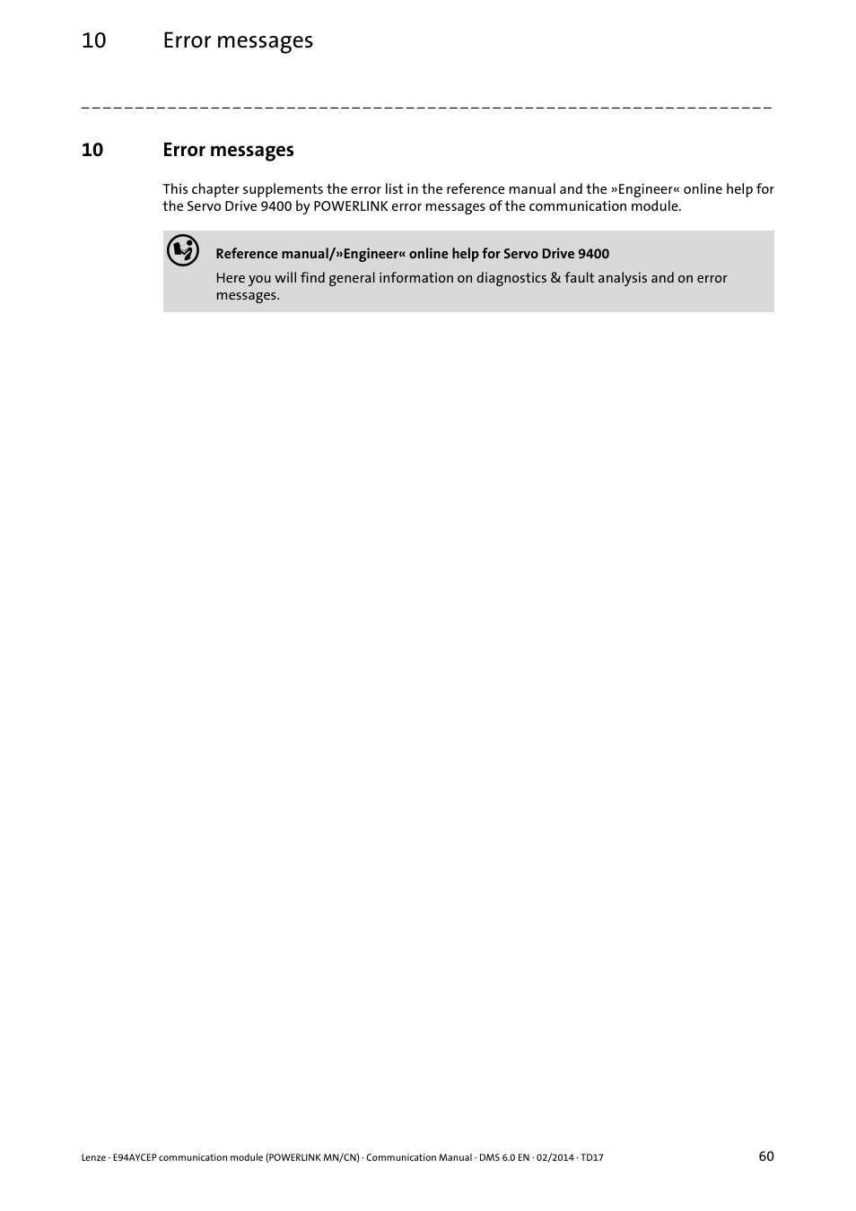 10 error messages, Error messages | Lenze E94AYCEP User Manual | Page 59 / 148