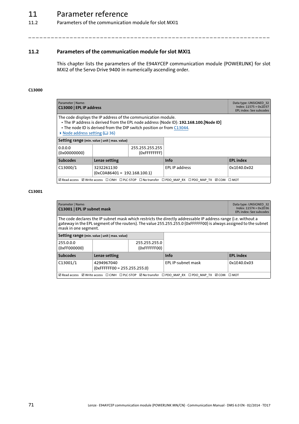 C13000 | epl ip address, C13001 | epl ip subnet mask, C13000 | 11 parameter reference | Lenze E94AYCEP User Manual | Page 70 / 148