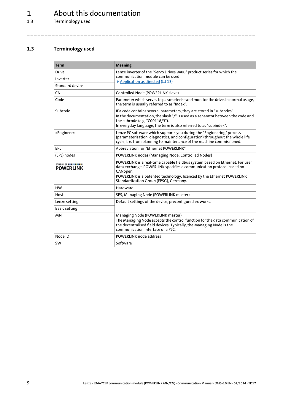 3 terminology used, Terminology used, 1about this documentation | Lenze E94AYCEP User Manual | Page 8 / 148