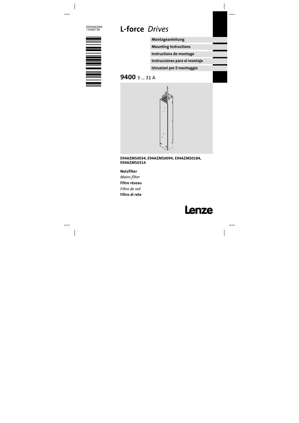 Lenze E94AZMS0314 User Manual | 132 pages