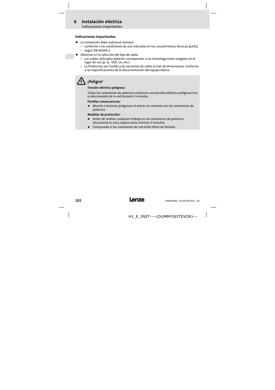 Instalación eléctrica, Indicaciones importantes, 6instalación eléctrica | Lenze E94AZMS0314 User Manual | Page 102 / 132