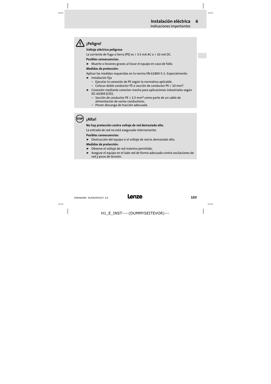Instalación eléctrica | Lenze E94AZMS0314 User Manual | Page 103 / 132