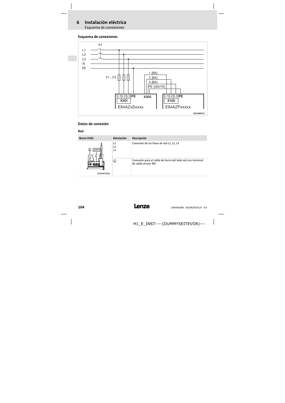 Esquema de conexiones, Datos de conexión, 6instalación eléctrica | Lenze E94AZMS0314 User Manual | Page 104 / 132