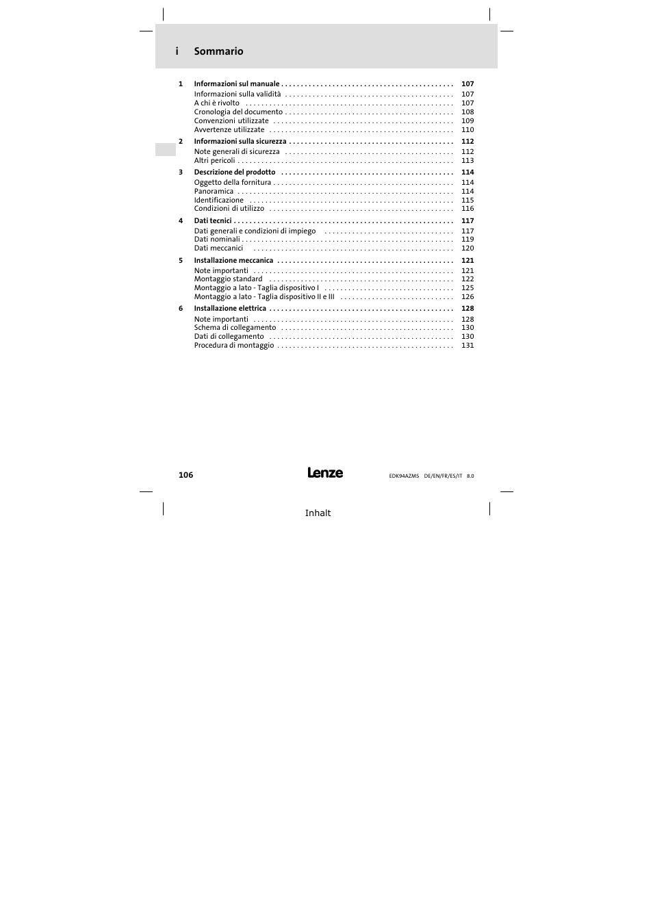 Isommario | Lenze E94AZMS0314 User Manual | Page 106 / 132