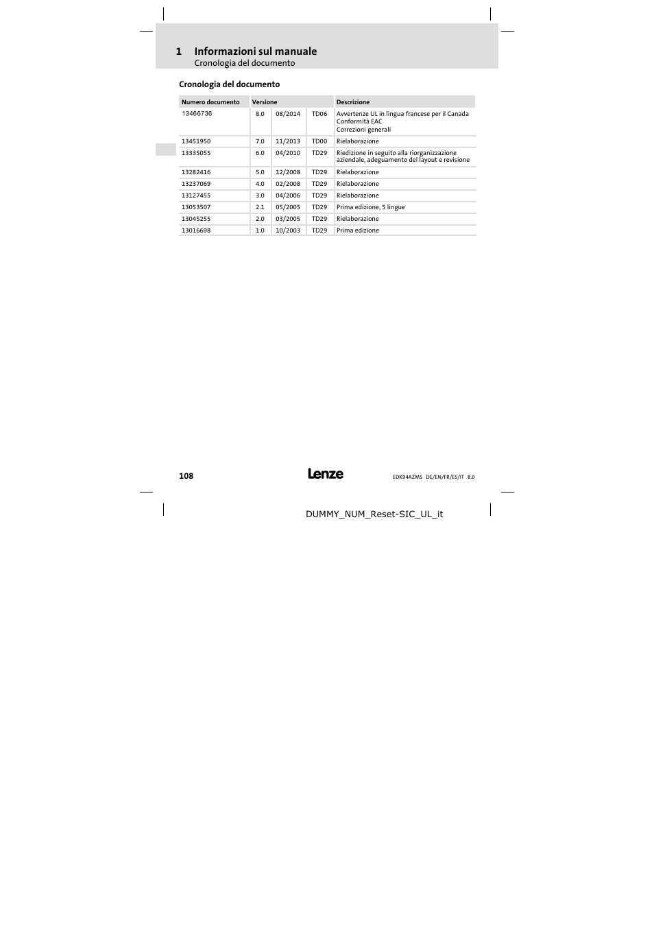 Cronologia del documento, 1informazioni sul manuale | Lenze E94AZMS0314 User Manual | Page 108 / 132