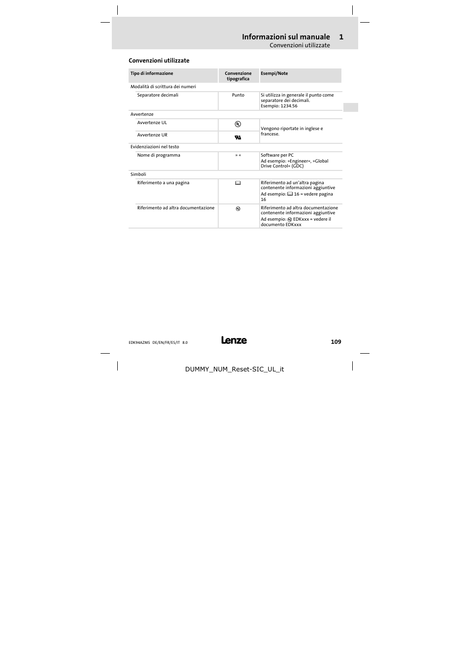 Convenzioni utilizzate, Informazioni sul manuale | Lenze E94AZMS0314 User Manual | Page 109 / 132