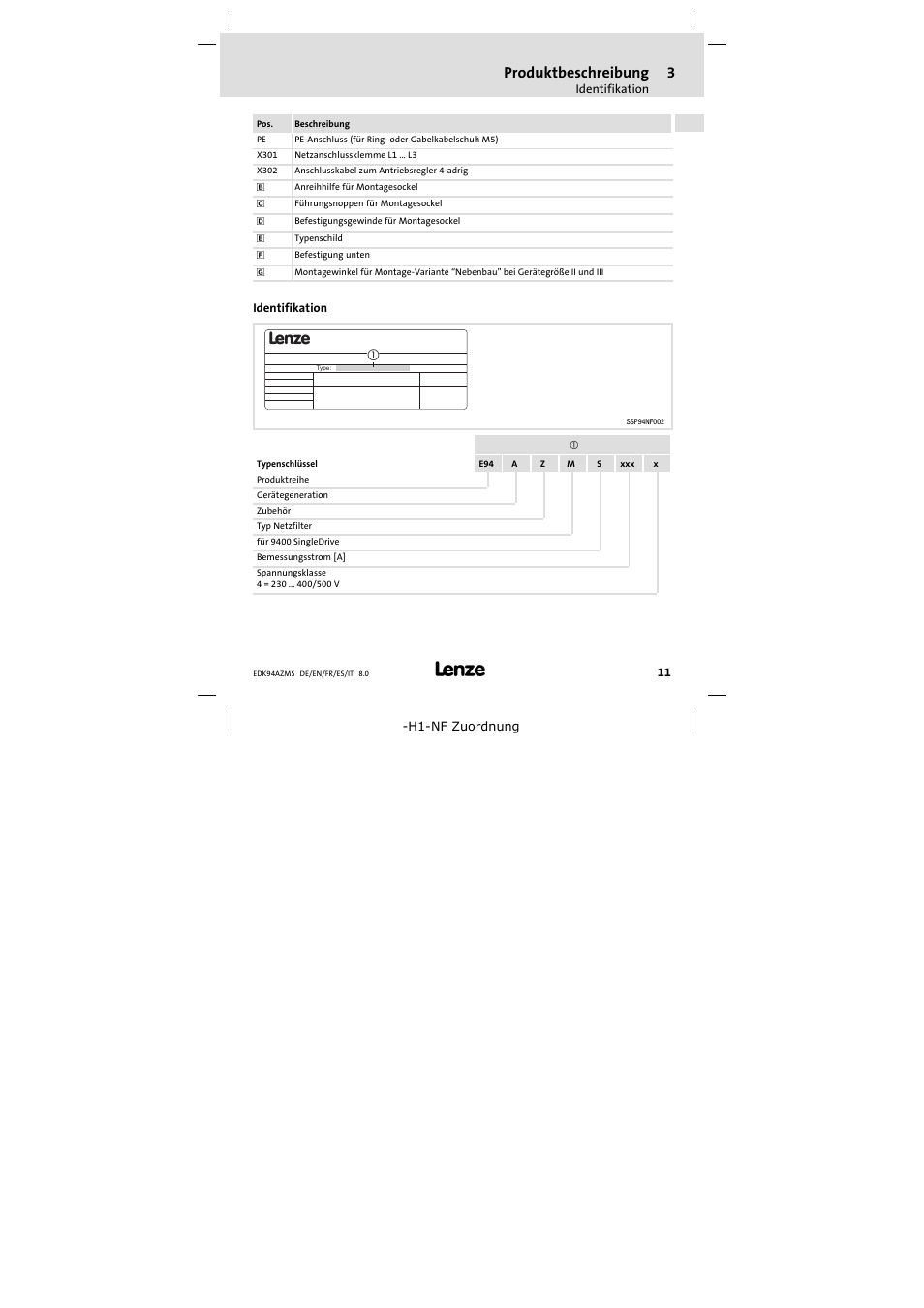 Identifikation, Produktbeschreibung | Lenze E94AZMS0314 User Manual | Page 11 / 132
