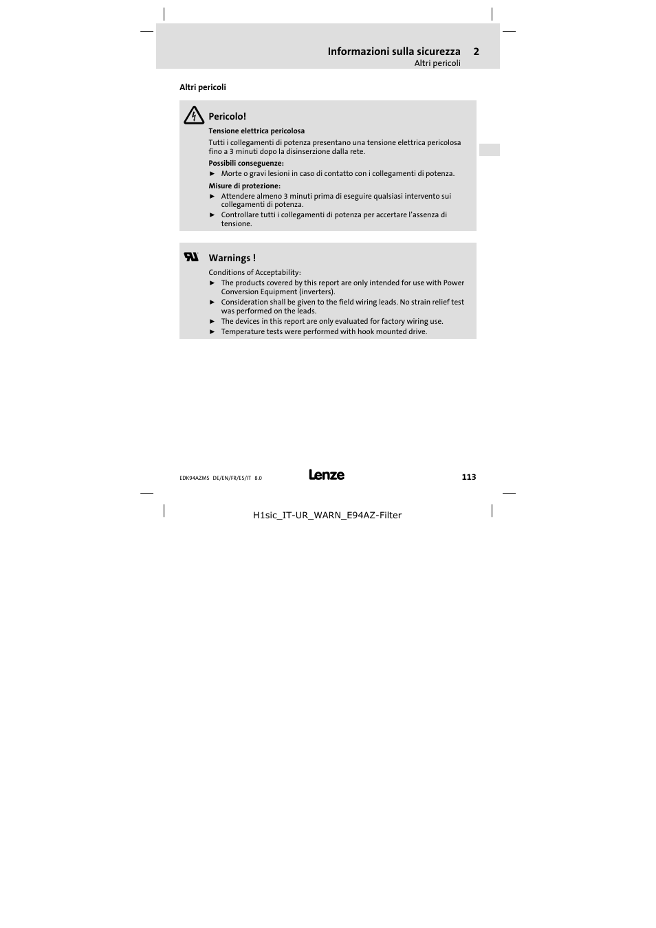 Altri pericoli | Lenze E94AZMS0314 User Manual | Page 113 / 132