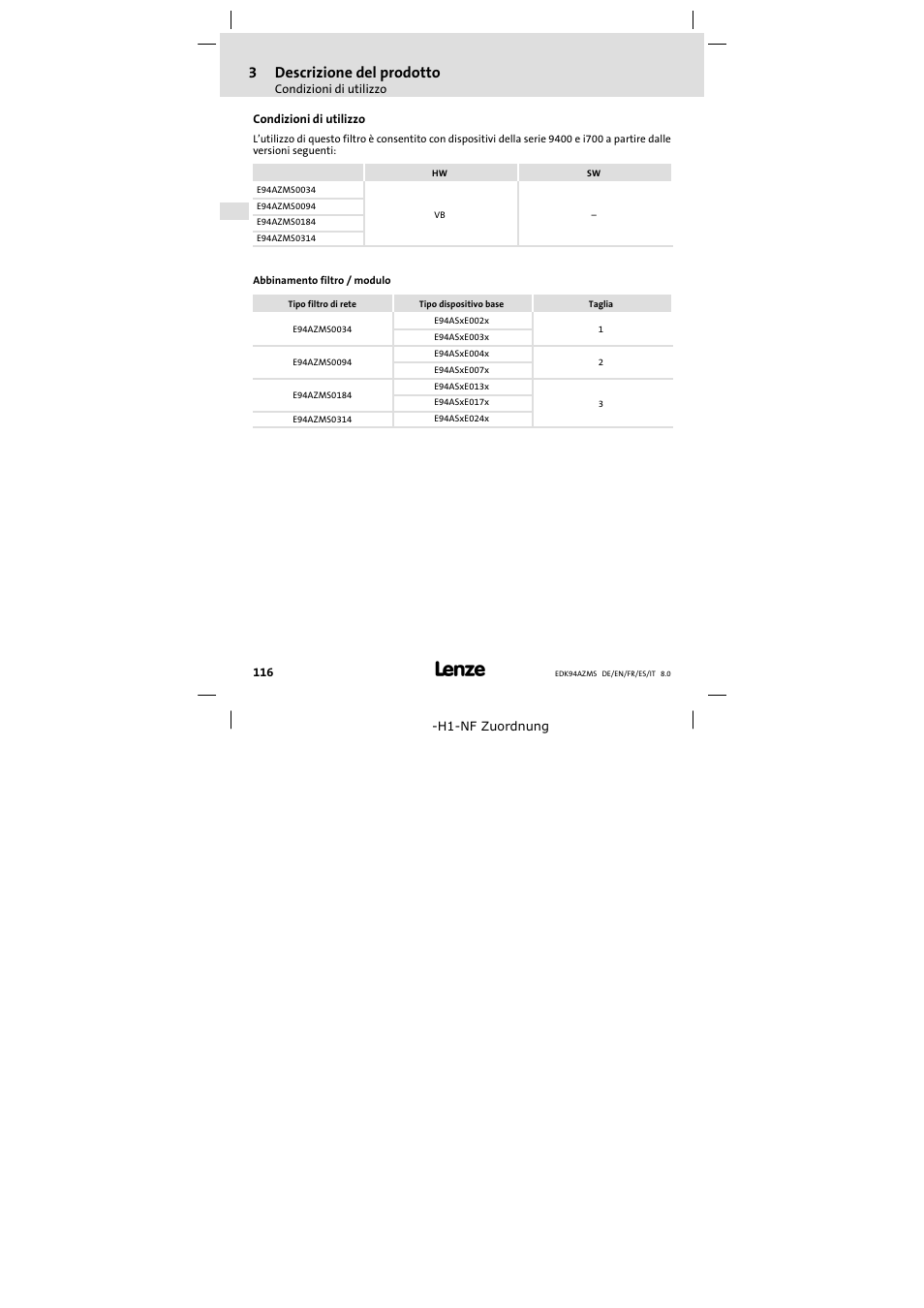 Condizioni di utilizzo, 3descrizione del prodotto | Lenze E94AZMS0314 User Manual | Page 116 / 132