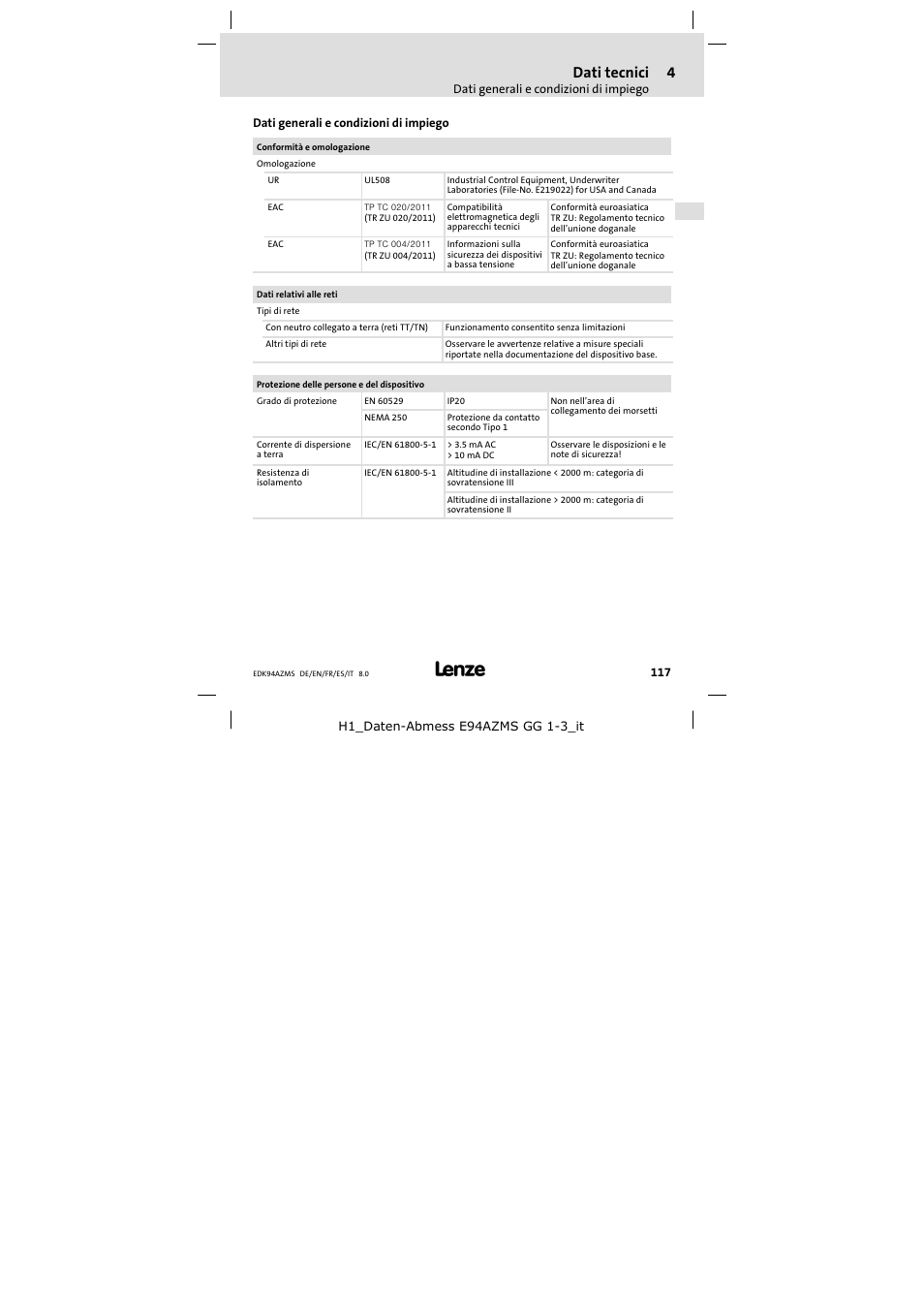 Dati tecnici, Dati generali e condizioni di impiego | Lenze E94AZMS0314 User Manual | Page 117 / 132