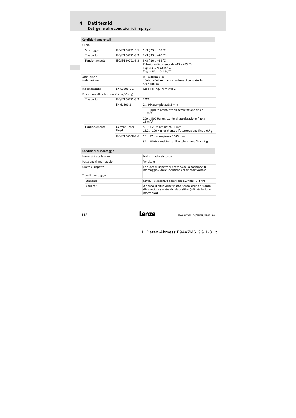 4dati tecnici | Lenze E94AZMS0314 User Manual | Page 118 / 132