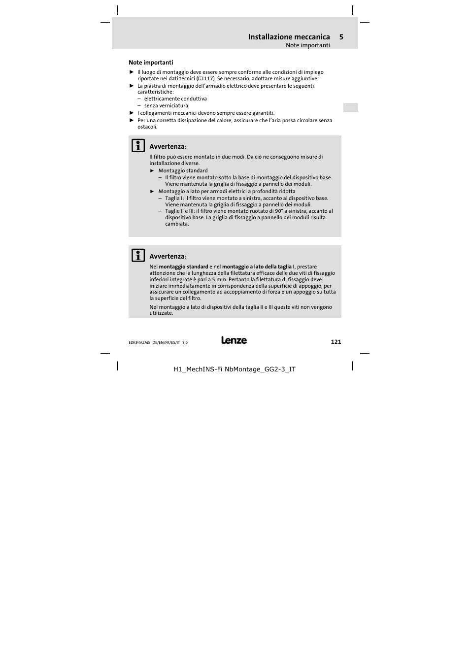 Installazione meccanica, Note importanti | Lenze E94AZMS0314 User Manual | Page 121 / 132