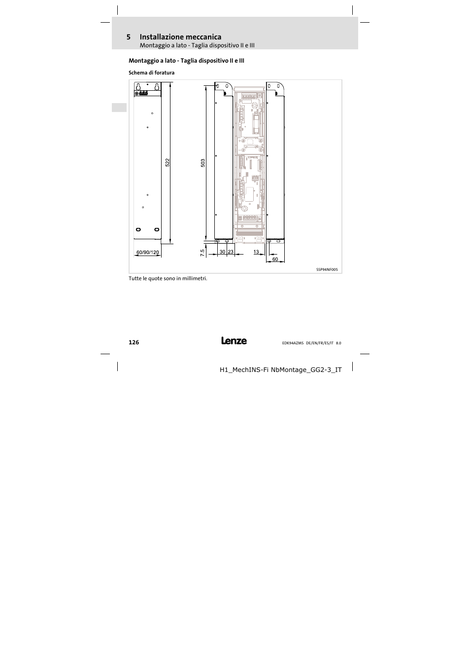 Montaggio a lato - taglia dispositivo ii e iii, Schema di foratura, Montaggio a lato − taglia dispositivo ii e iii | Lenze E94AZMS0314 User Manual | Page 126 / 132