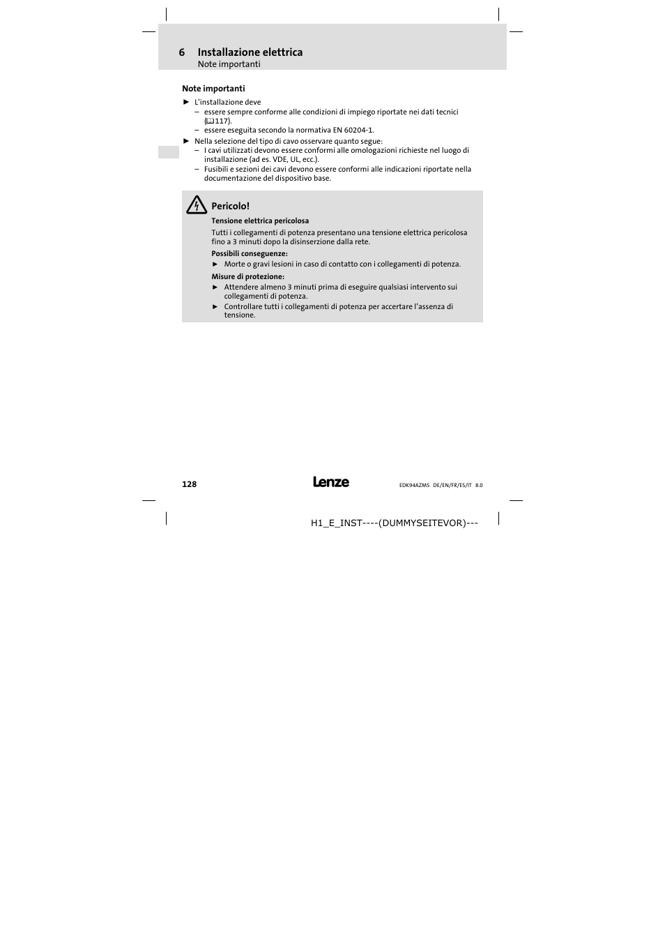 Installazione elettrica, Note importanti, 6installazione elettrica | Lenze E94AZMS0314 User Manual | Page 128 / 132