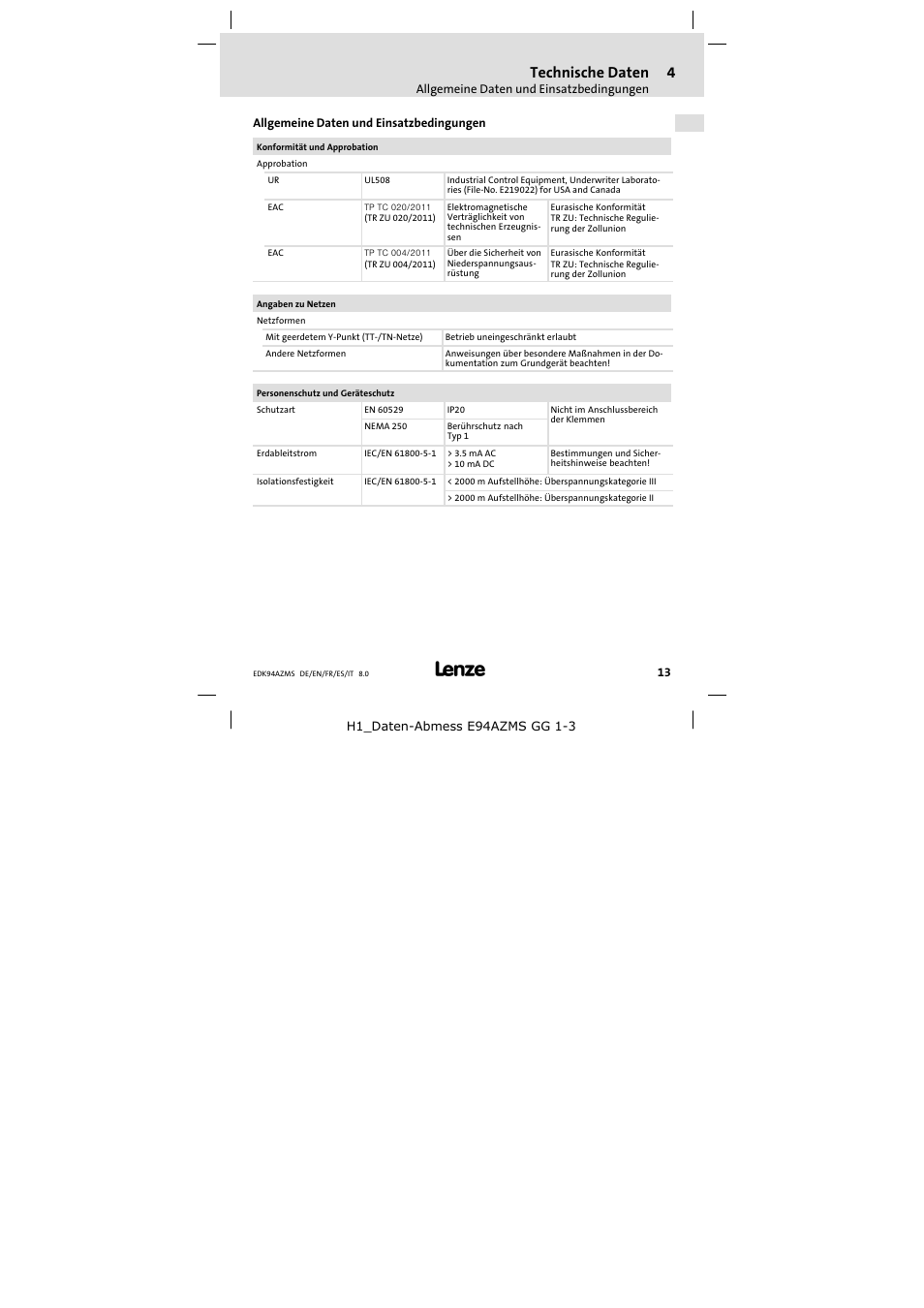 Technische daten, Allgemeine daten und einsatzbedingungen | Lenze E94AZMS0314 User Manual | Page 13 / 132