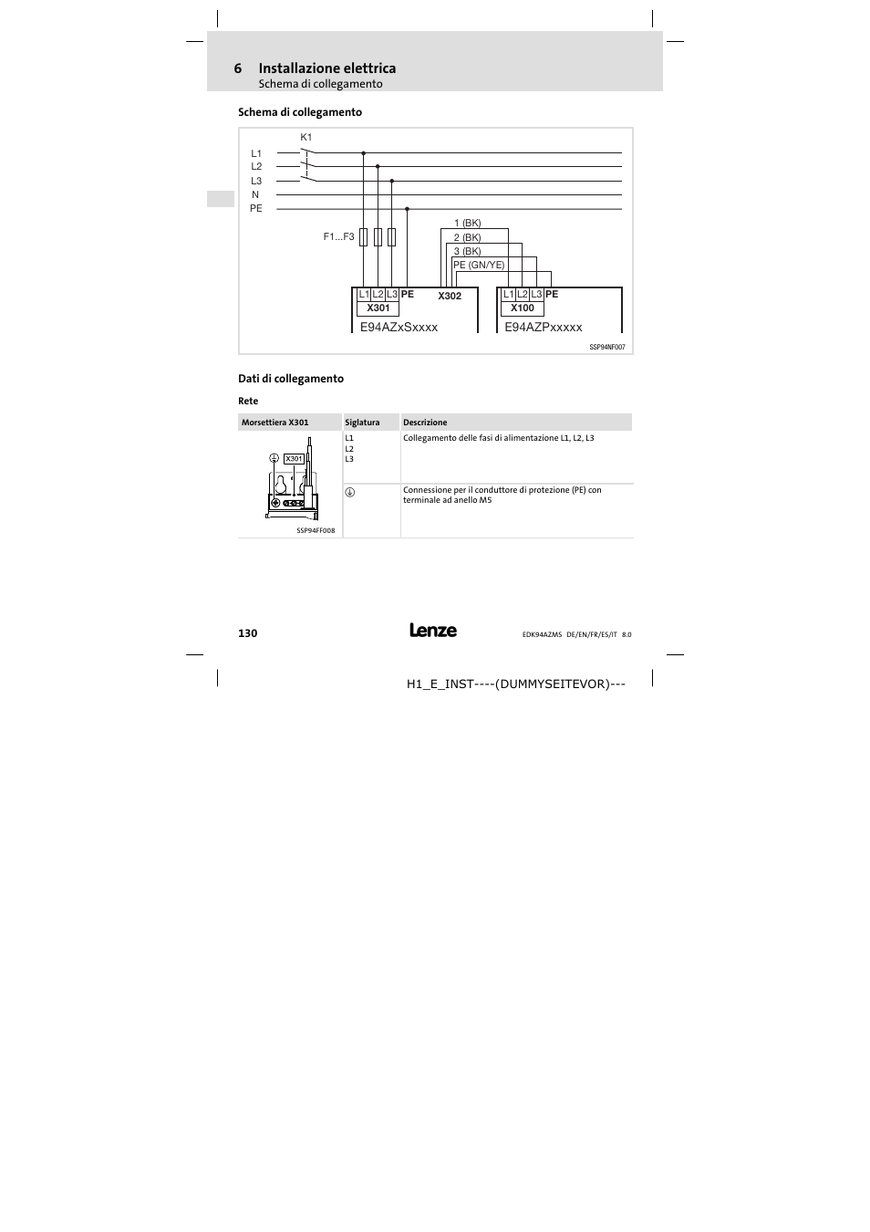 Schema di collegamento, Dati di collegamento, 6installazione elettrica | Lenze E94AZMS0314 User Manual | Page 130 / 132
