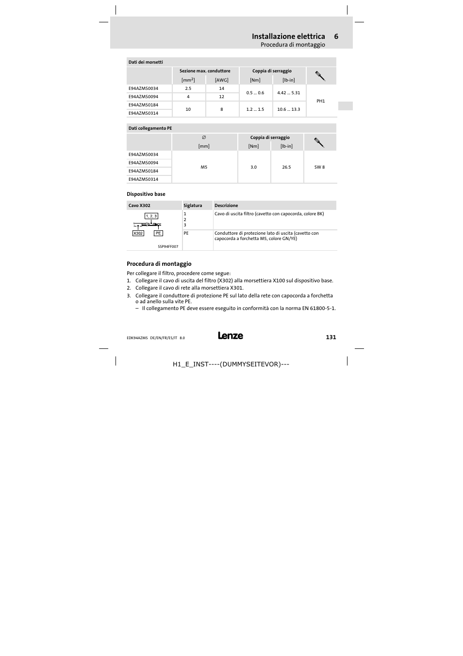 Procedura di montaggio, Installazione elettrica | Lenze E94AZMS0314 User Manual | Page 131 / 132