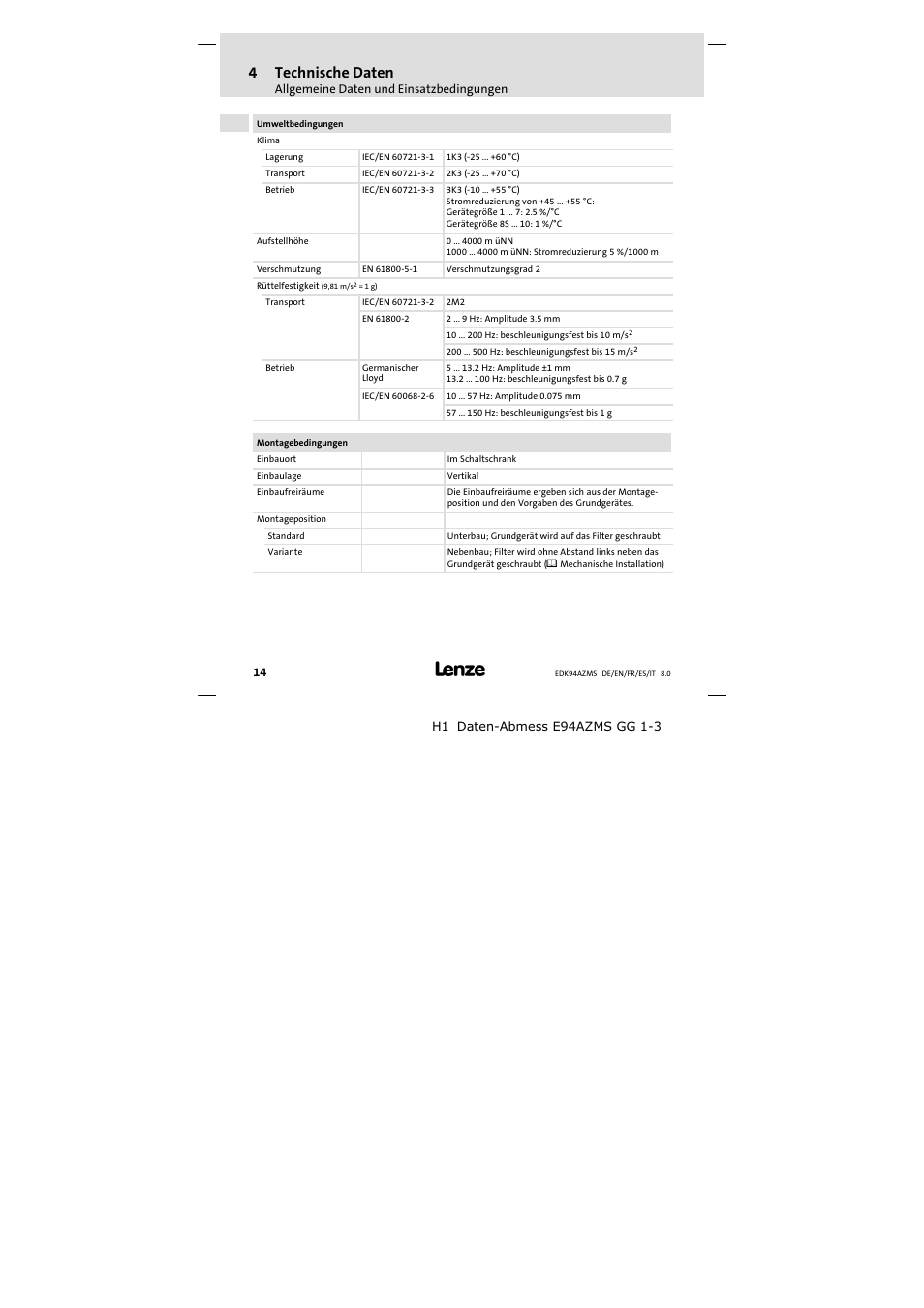 4technische daten | Lenze E94AZMS0314 User Manual | Page 14 / 132